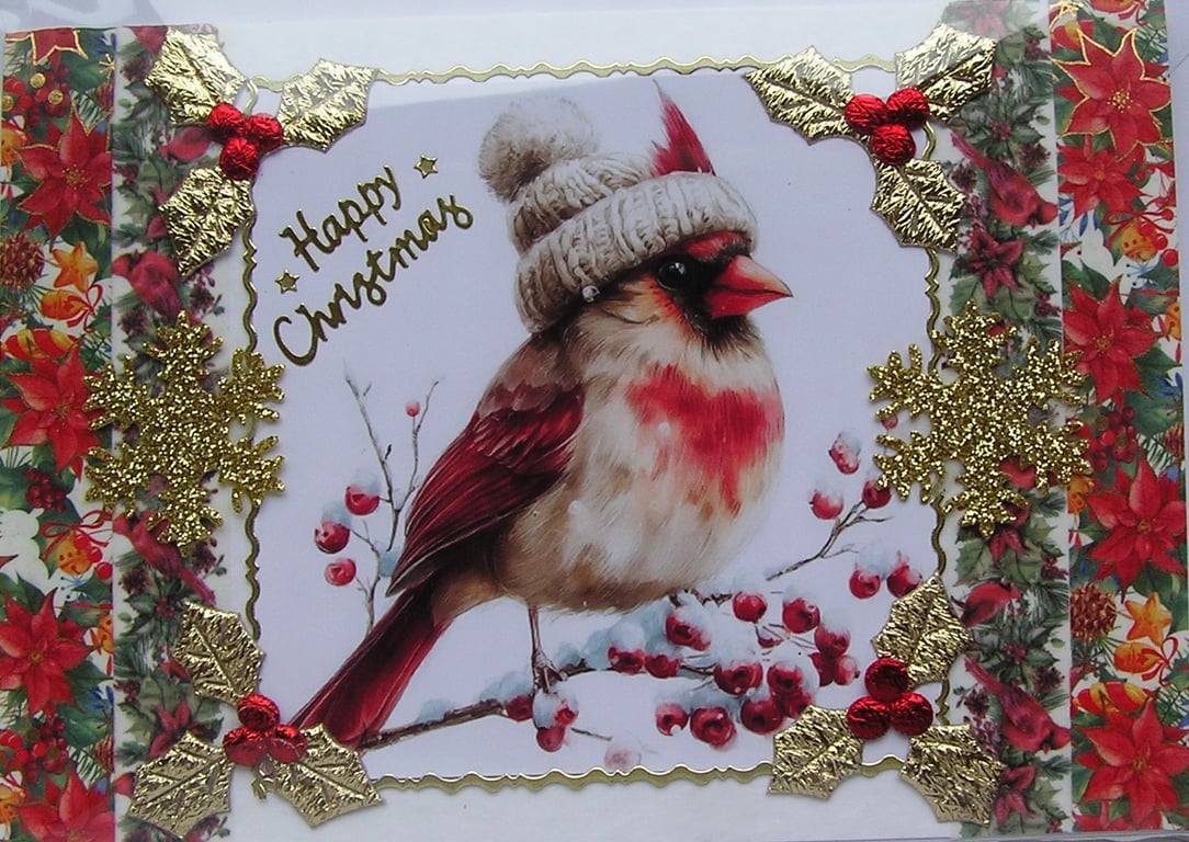 Hand Crafted Decoupage Chistmas Card - Happy Christmas (3360) Robin Wearing Hat