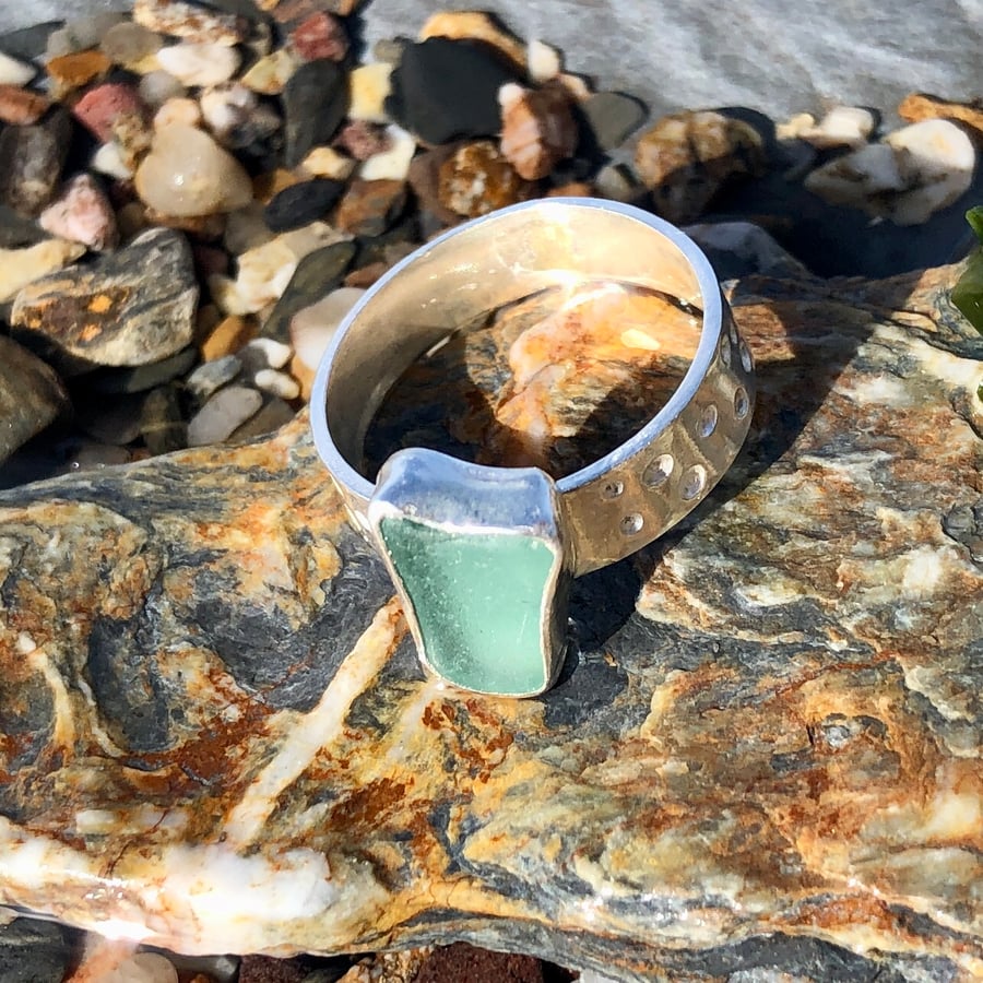 Light Teal Sea Glass and Sterling Silver Ring - Size N - 1116
