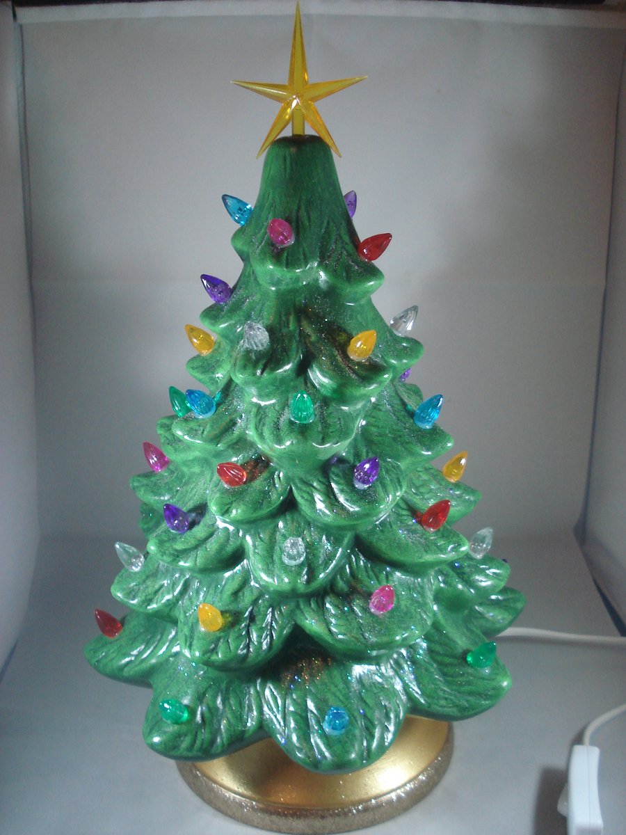 Green Ceramic Glittery Xmas Christmas Tree Table Lamp Light Ornament Decoration.