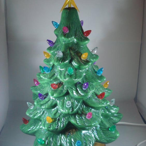 Green Ceramic Glittery Xmas Christmas Tree Table Lamp Light Ornament Decoration.
