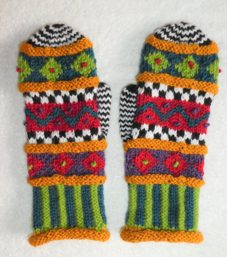 Multicoloured Mittens. Handknit Winter Mittens. Small. Gloves