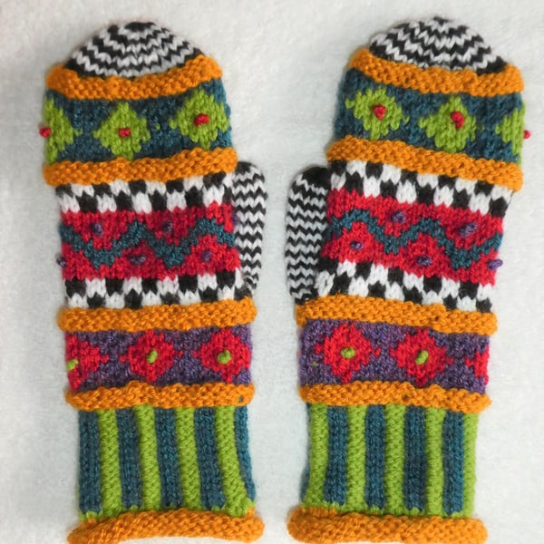 Multicoloured Mittens. Handknit Winter Mittens. Small. Gloves