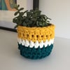 Crochet plant pot cover made with upcycled tshirt  yarn - mustard and teal mini