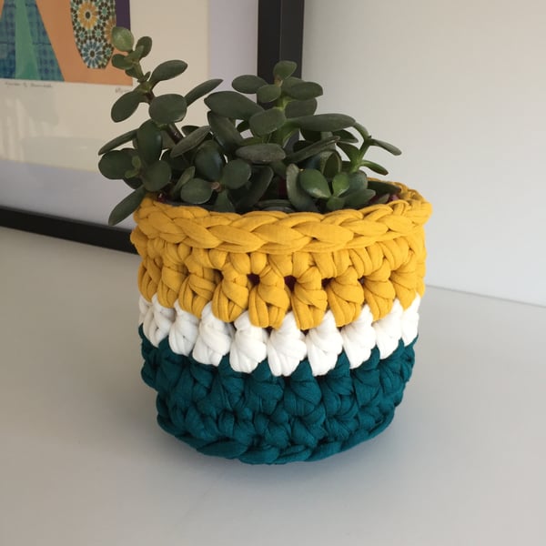 Crochet plant pot cover made with upcycled tshirt  yarn - mustard and teal mini