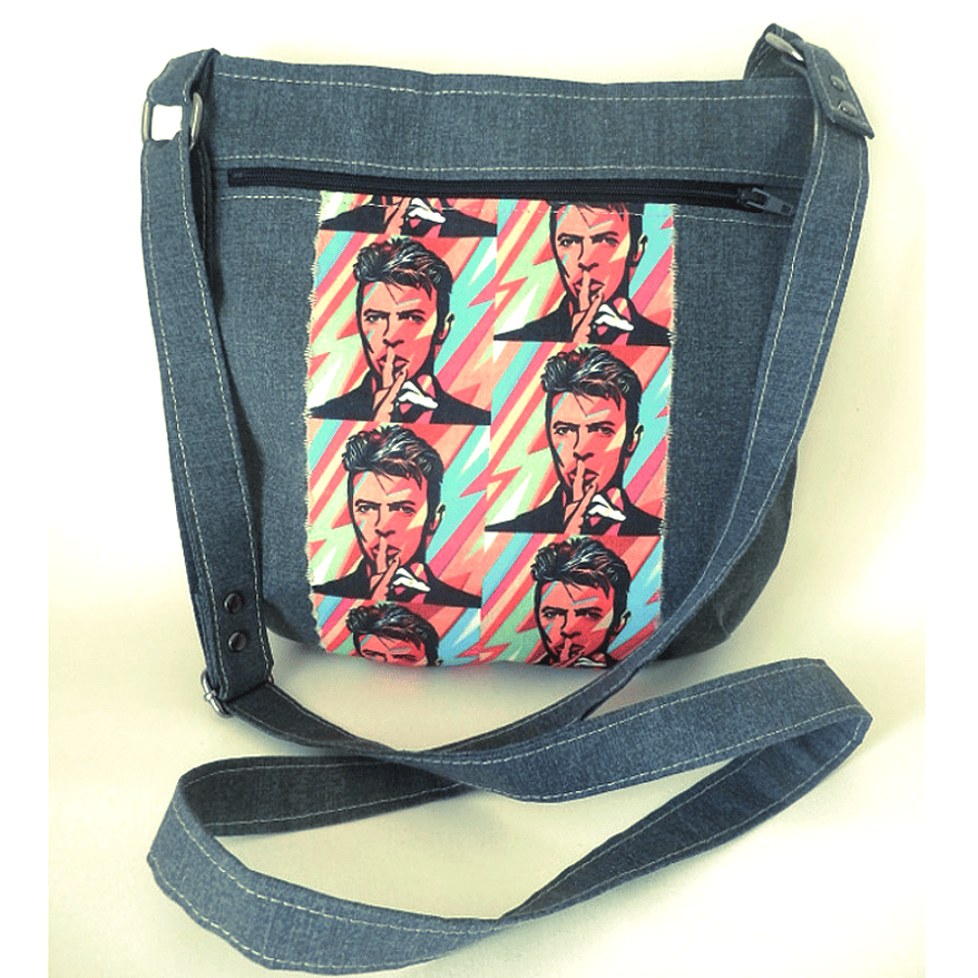 Crossbody bag with bright Bowie images