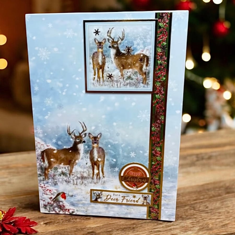 Handmade Snowy Deer & Stag Christmas Card – "For a Deer Friend"