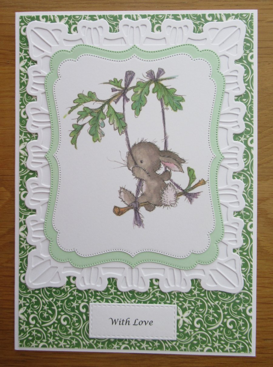 A5 Bunny On A Swing - With Love - Any Occasion Card