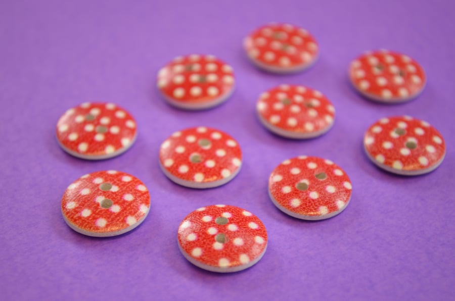 15mm Wooden Spotty Buttons Red With White Dots 10pk Spot Dot (SSP14)