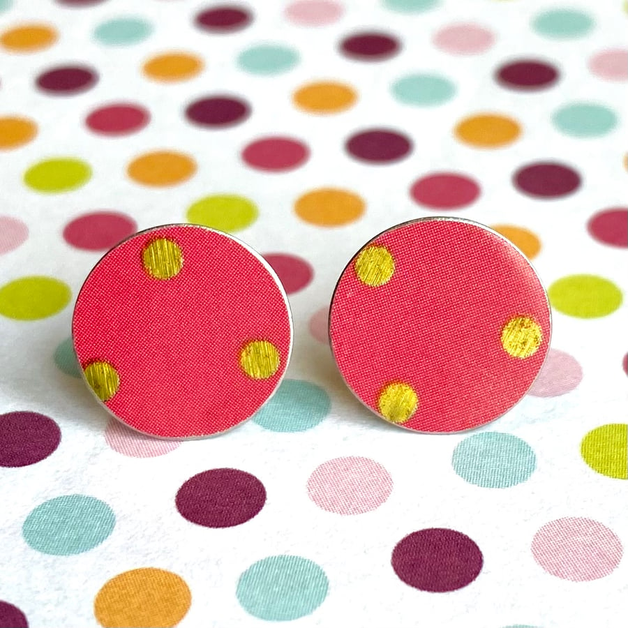 Recycled tin raspberry pink and gold polka dot circle studs