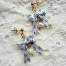 Blue Daisy Bow Pearl Drop Earrings