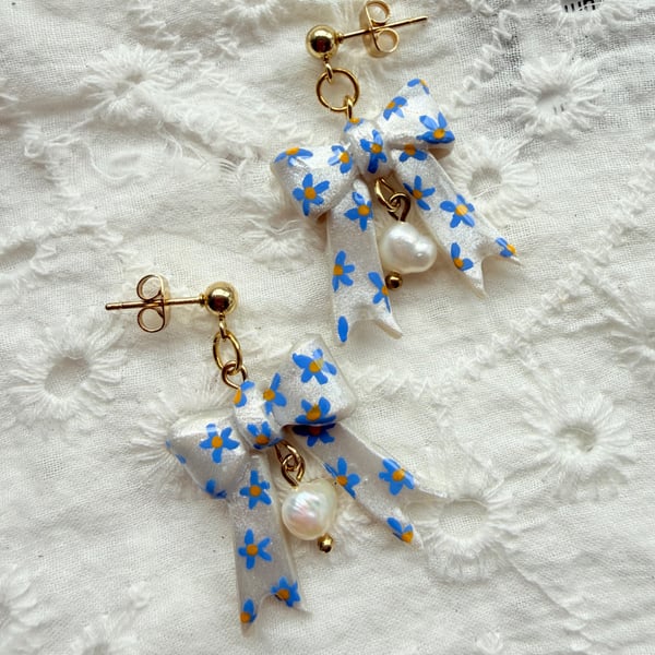 Blue Daisy Bow Pearl Drop Earrings