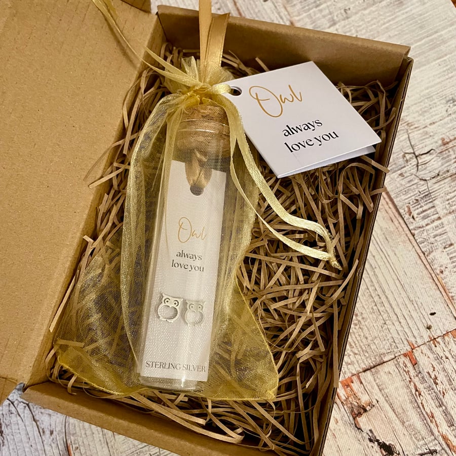 Owl Stud Earrings, Message in a Bottle Sterling Silver Earrings