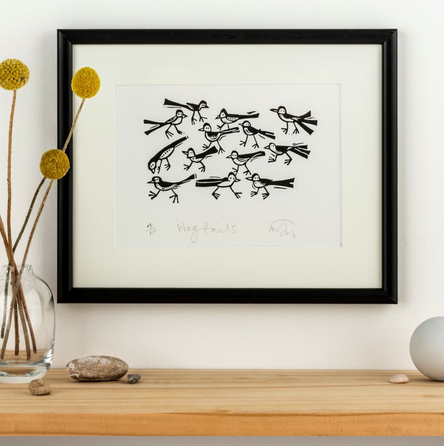Wagtails - lino cut print