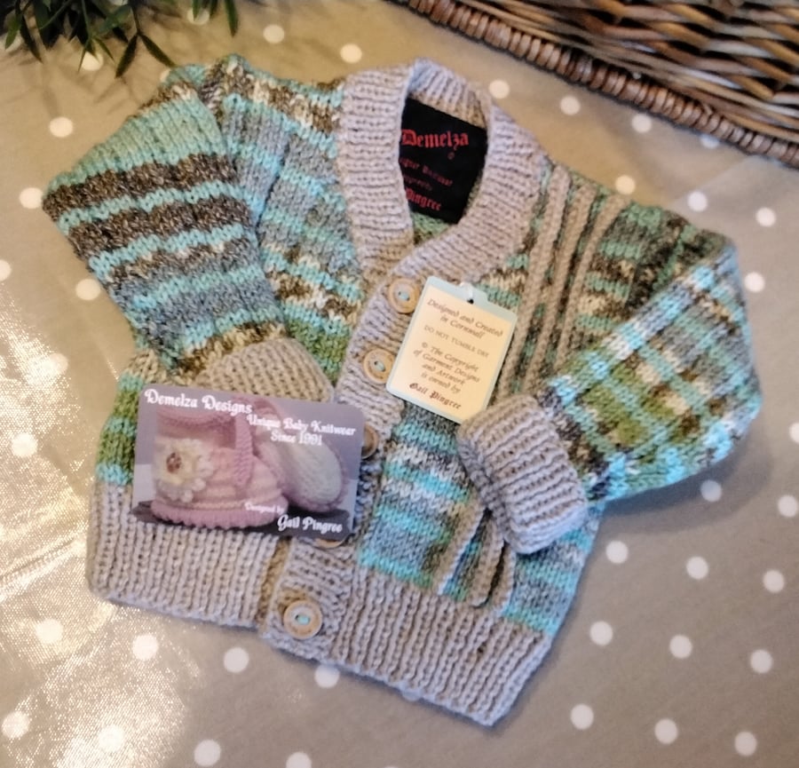Designer Baby Boys Hand knitted Cardigan with Merino wool & Cotton 3-9 months