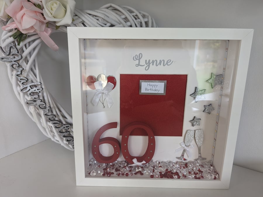 Personalised Box Frame, 60th, Birthday, Red, Silver, Handmade, Unique, 