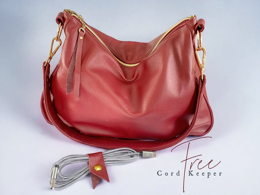 Red Leather Handbag - Genuine Rescued Leather Bag - Wine Red