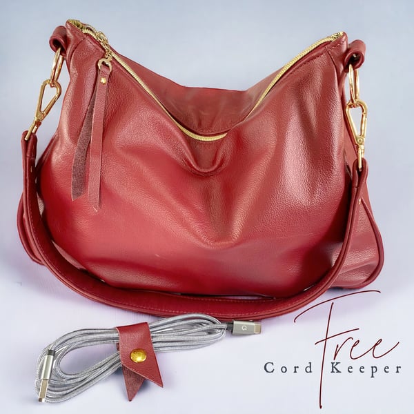 Red Leather Handbag - Genuine Rescued Leather Bag - Wine Red