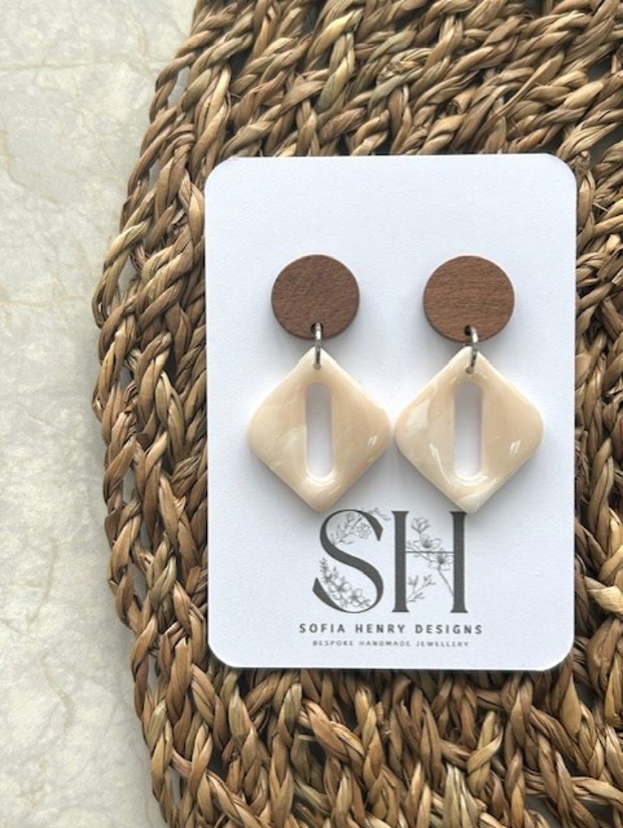 Elegant Neutral Polymer Clay Dangle Earrings with Walnut Studs
