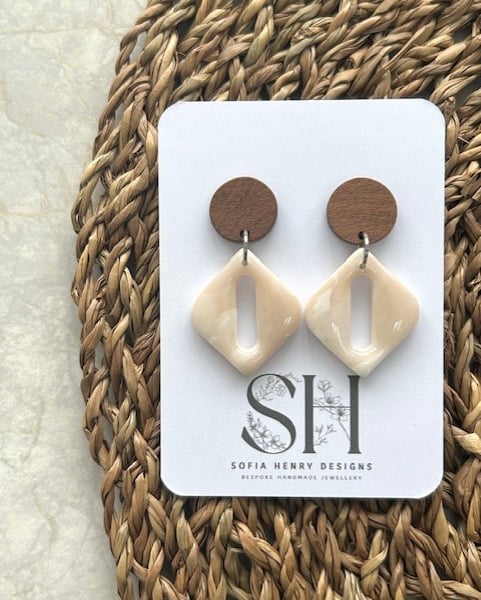 Elegant Neutral Polymer Clay Dangle Earrings with Walnut Studs