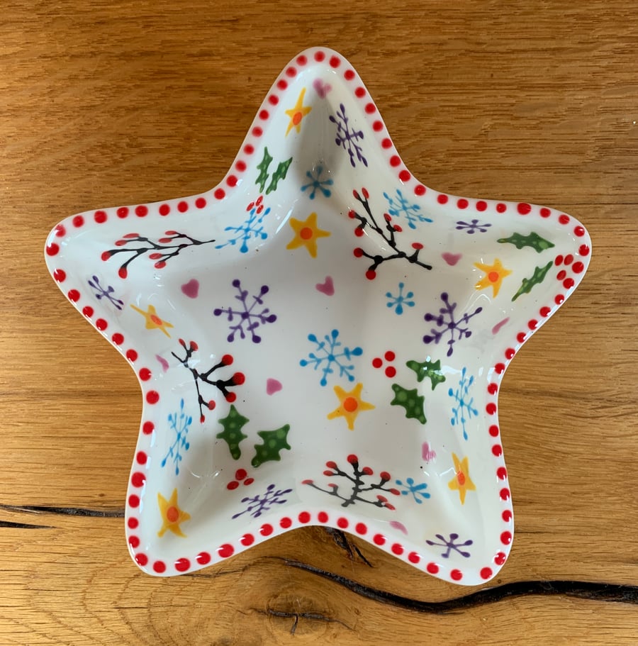 Hand Painted Ceramic Festive Confetti Star Dish, Christmas Pottery