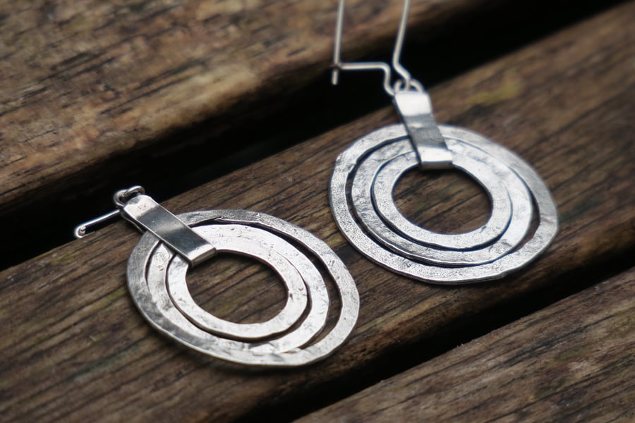 Triple Hoop Earrings, Sterling Silver Hoop Earrings, Raw Silver Circle Earrings