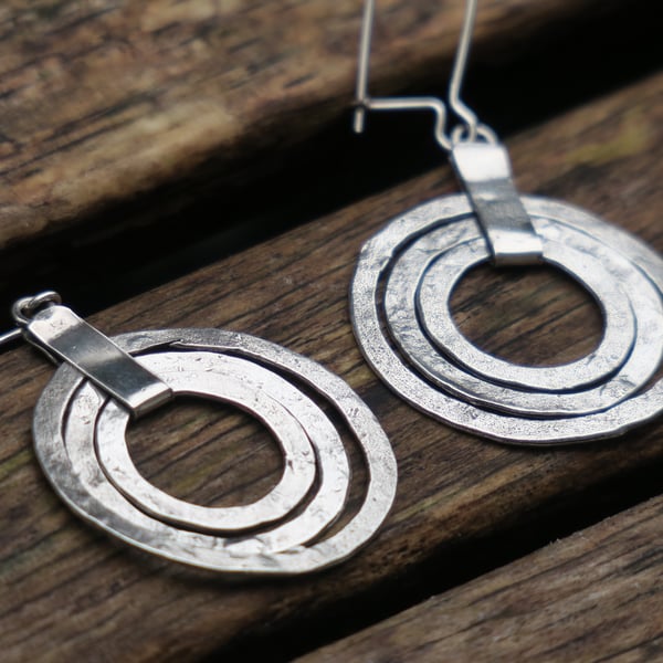Triple Hoop Earrings, Sterling Silver Hoop Earrings, Raw Silver Circle Earrings
