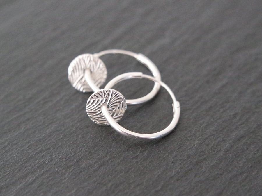 Sterling Silver Hoops - abstract pattern leaf rounds discs circle pure silver