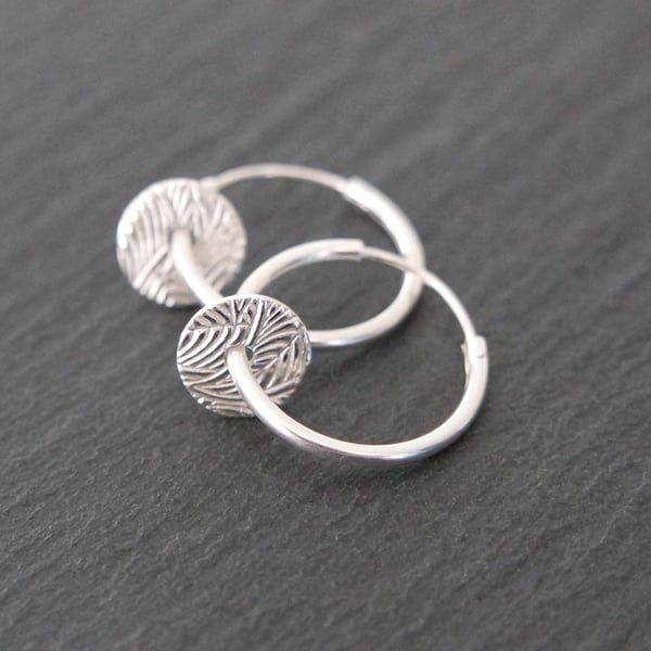 Sterling Silver Hoops - abstract pattern leaf rounds discs circle pure silver