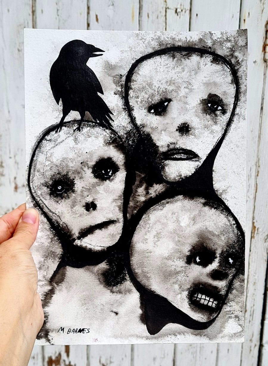 Ghostly drawing Hortor art Dark art Macabre Gothic art Ghosts Black ink Crow