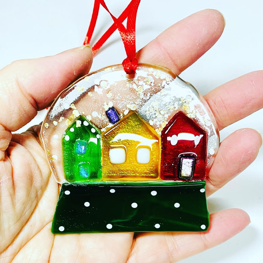Fused glass Christmas decoration, hanging glass snow globe