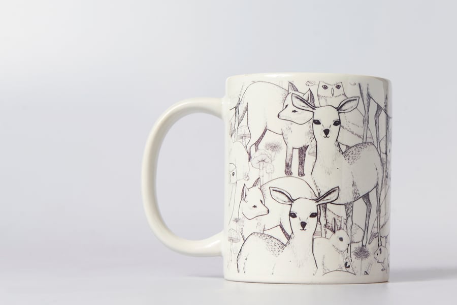Woodland Mug, featuring Deers, Rabbits, Foxes, Owls and more!