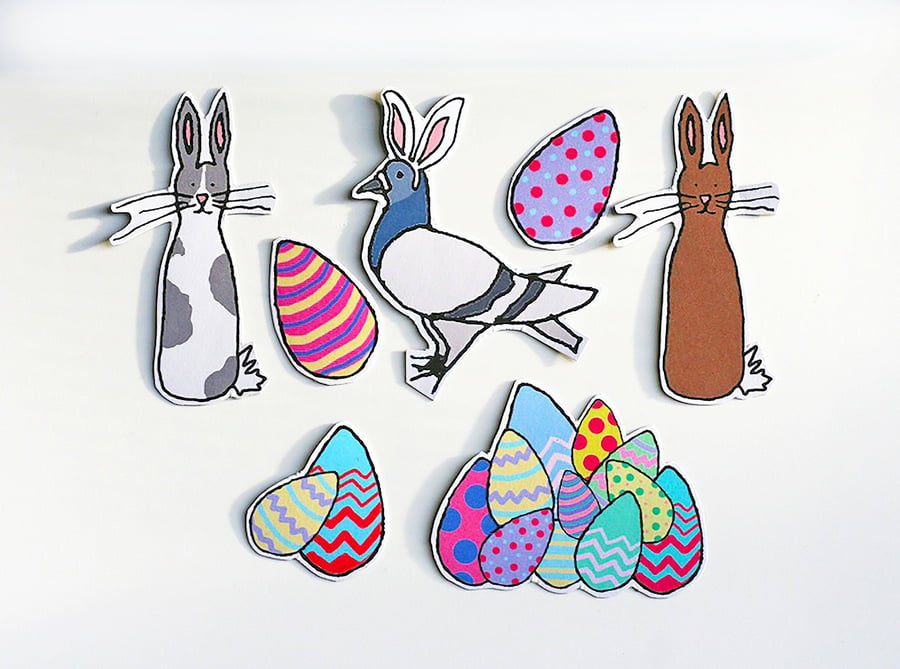 Pack of 7 Easter Illustration Magnets - Bunny Pigeon, Bunnies and Easter Eggs