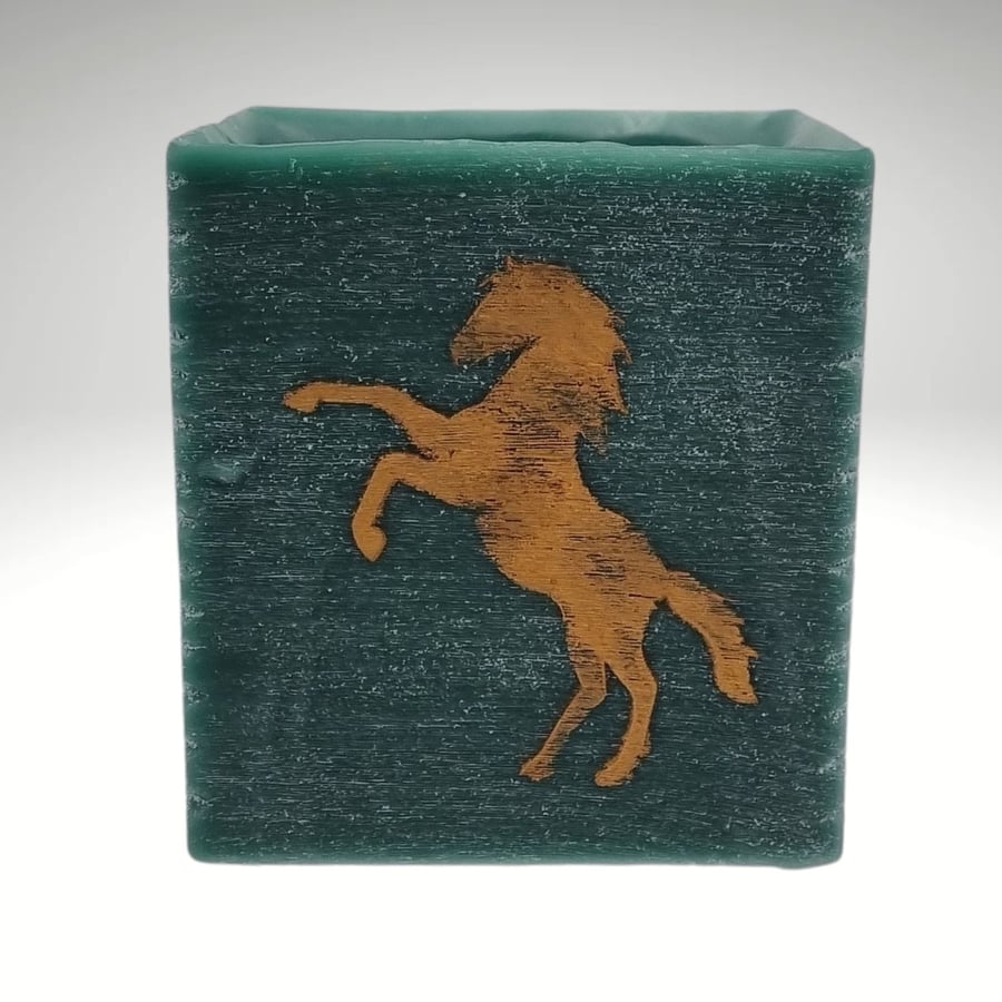 Square Vase Container Green Wax Decorated With Gold Horse Gift Free Postage