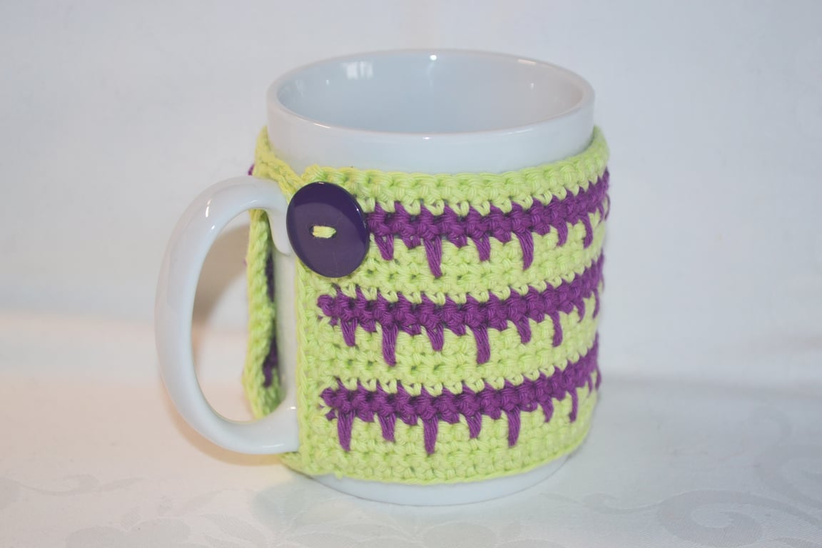 Crochet Mug Cosy Mug Wrap Mug Hug Lime Purple 100% Cotton Hygge OOAK Ver. 26