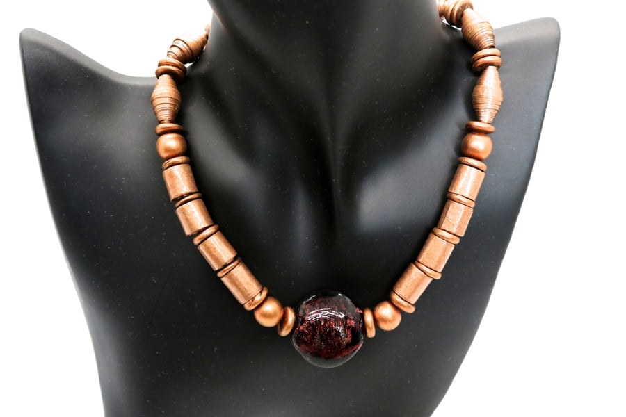 Bronze gold paper beaded choker necklace with sparkly central glass bead