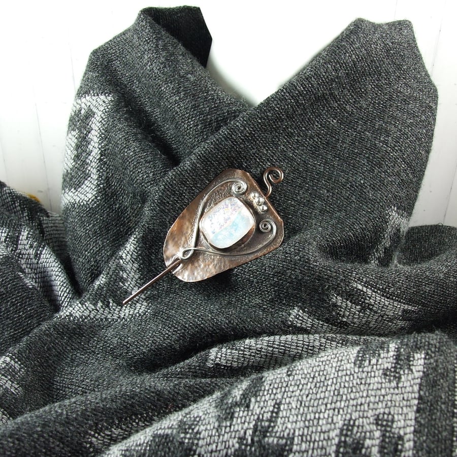 Large Shawl Pin Brooch. Copper with Artisan Shimmery Dichroic Glass Cabachon