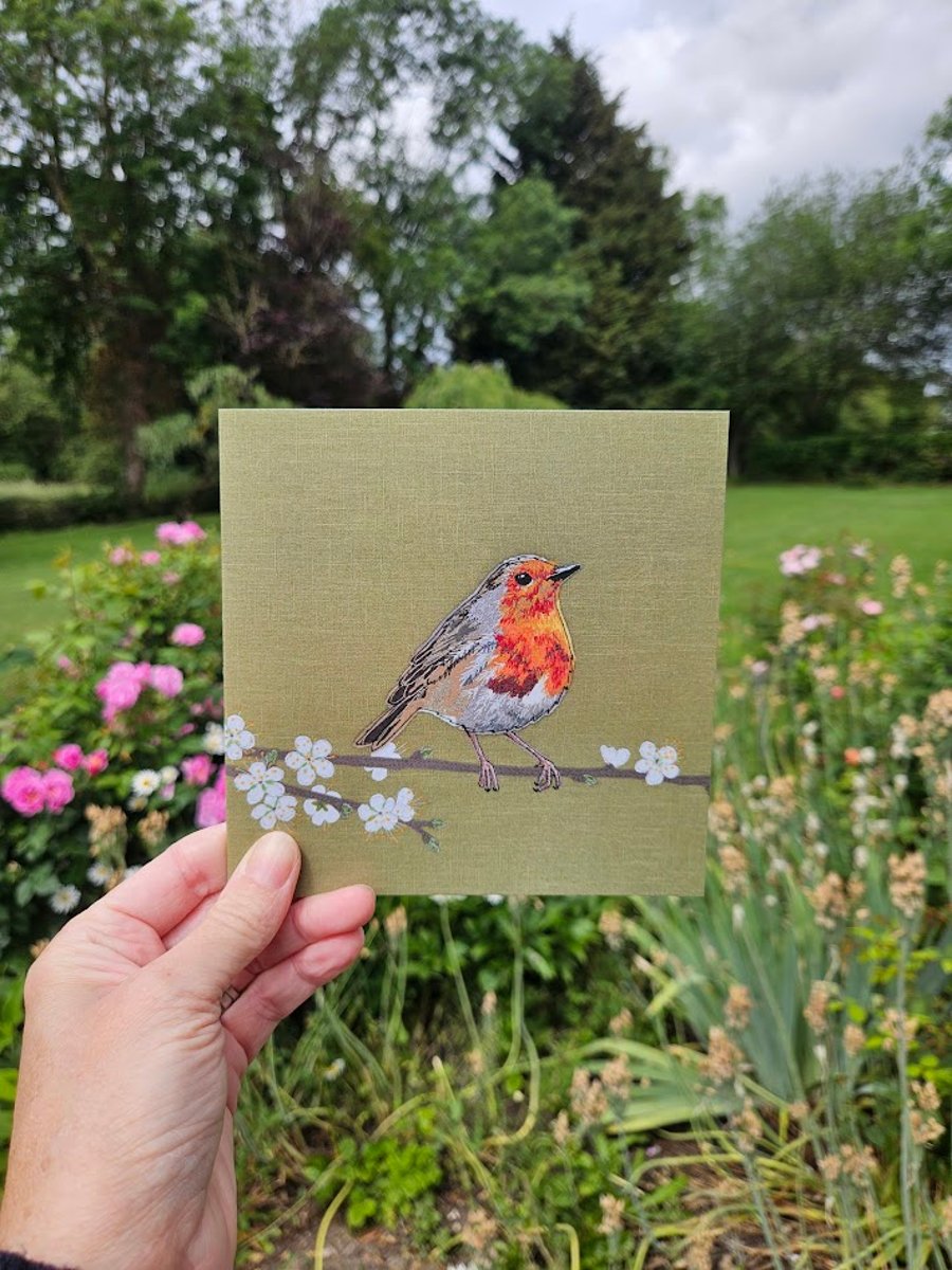 Robin on blossom branch card, blank cards, thinking of you, garden bird, Spring