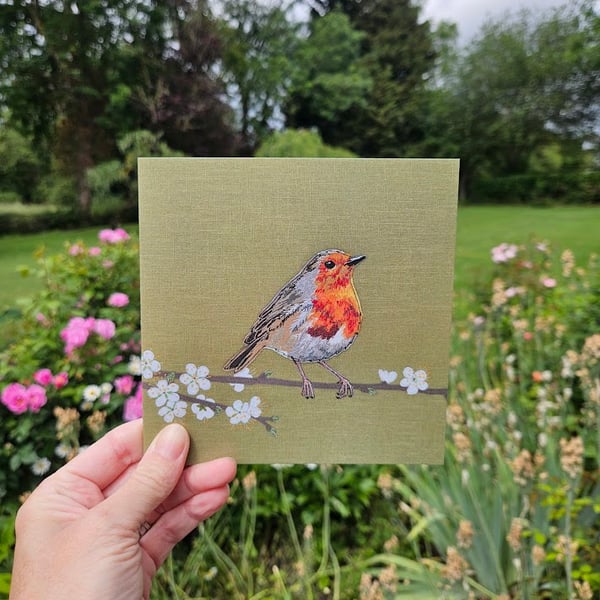 Robin on blossom branch card, blank cards, thinking of you, garden bird, Spring