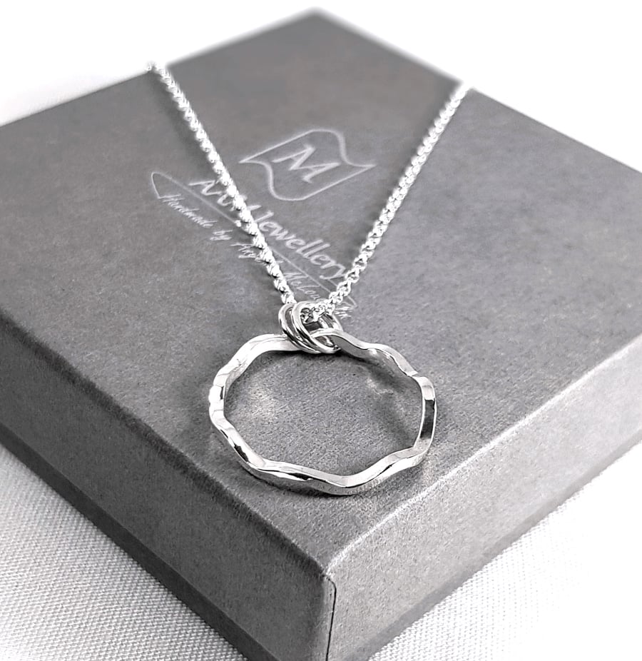 Sterling Silver Circle Necklace, Wavy Silver Pendant, Simple Silver Necklace