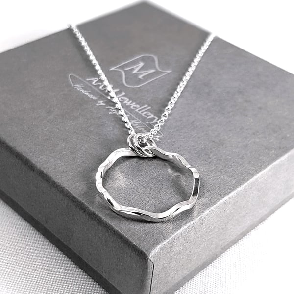 Sterling Silver Circle Necklace, Wavy Silver Pendant, Simple Silver Necklace