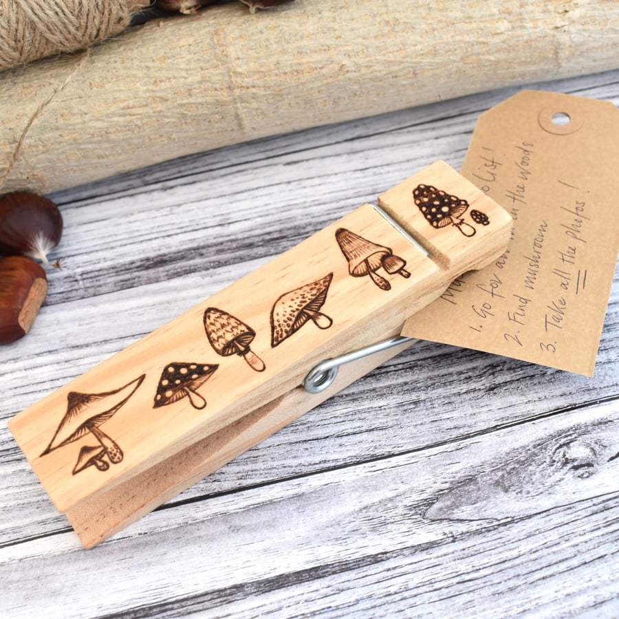 Handy giant peg with pyrography mushrooms. Unique gift idea!