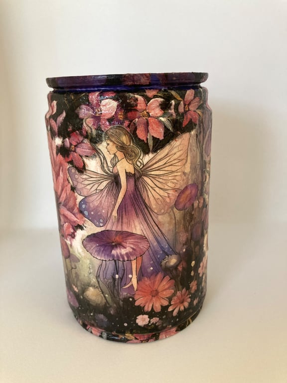 Fairies in Enchanted Forest Mauve flowers upcycled Coffee Bean Can