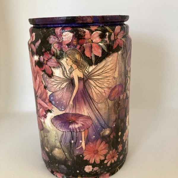 Fairies in Enchanted Forest Mauve flowers upcycled Coffee Bean Can