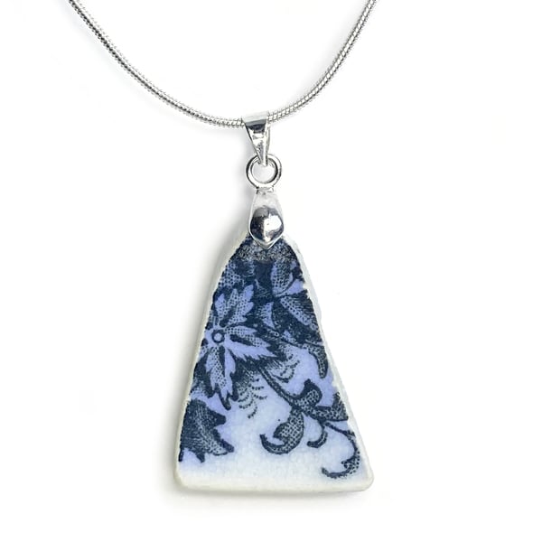 Beach Pottery Pendant - Blue Flowers. Antique Scottish Sea China Silver Necklace