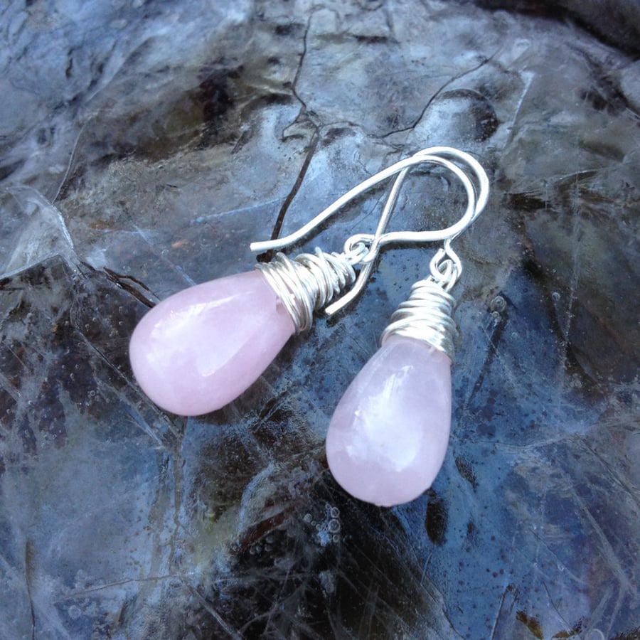 Silver and rose quartz wire wrapped earrings