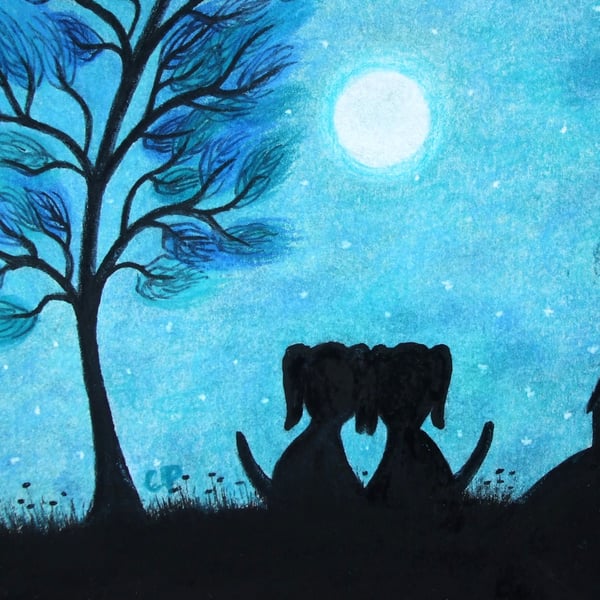 Dog Card, Love Art Card, Two Black Dogs Moon Card, Valentines Gay Card, Lesbian