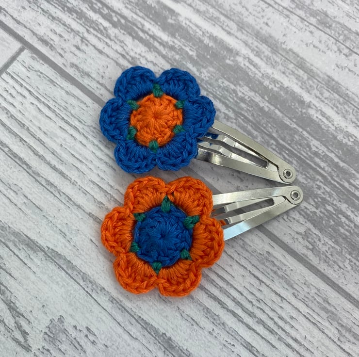 Hair clips with crocheted flowers in orange, gr... Folksy