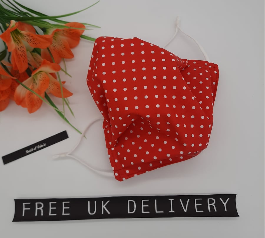 Face mask,  large,  adjustable,  3 layer,  nose wire,  washable in red polkadot 