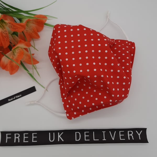 Face mask,  large,  adjustable,  3 layer,  nose wire,  washable in red polkadot 