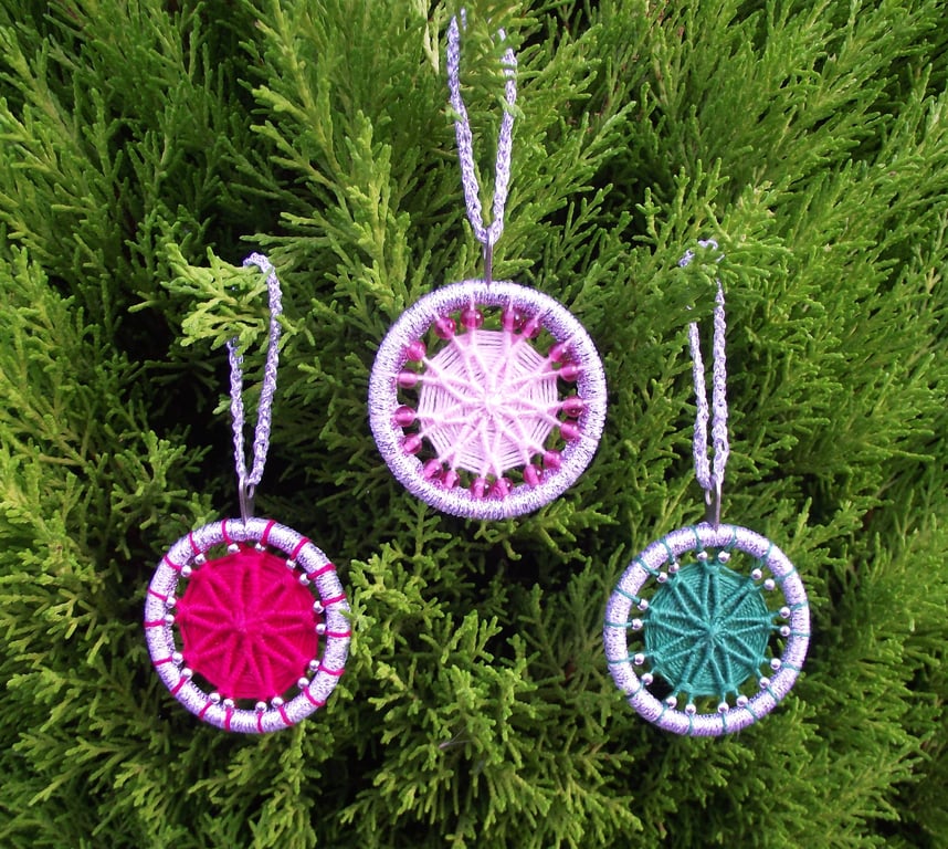 Set of 3 Christmas Decorations, Dorset Buttons, Silver, Red, Green, Pink, Beads 